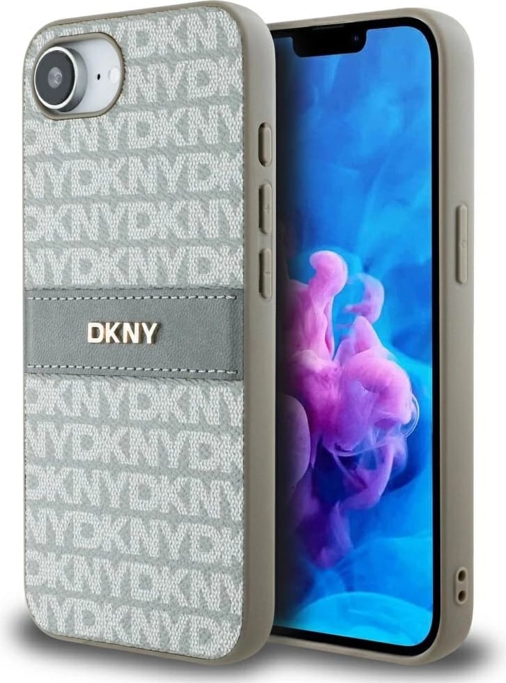Mbështjellës DKNY Repeat Texture Pattern me shirit dhe logo metalike, për iPhone 16e, Bezhe