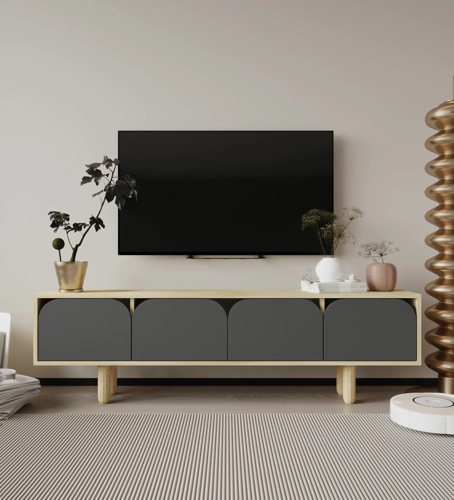 Komodë TV Skye Decor, ngjyrë lisi safir dhe antracit, Lazio