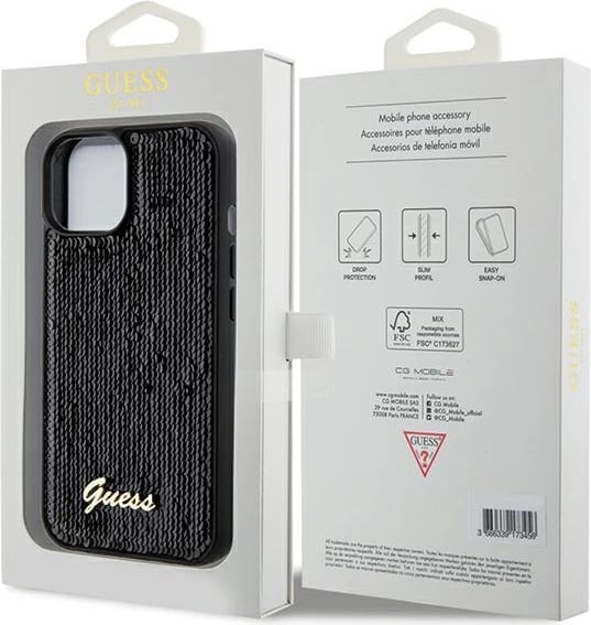 Mbështjellës Guess Sequin Script Metal për iPhone 13/14/15, i zi
