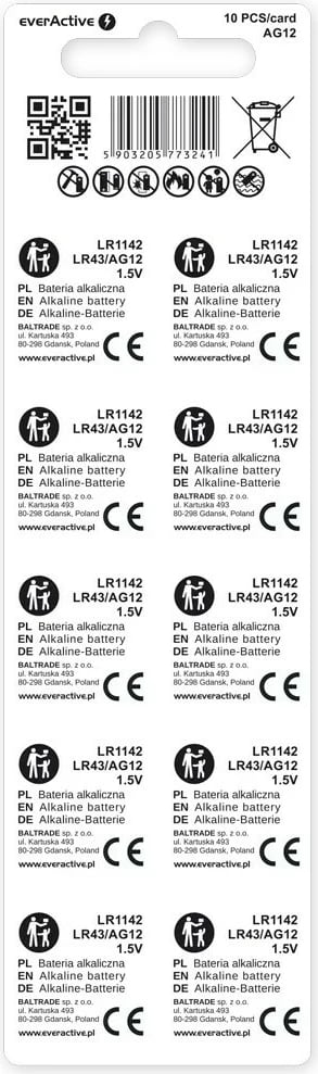 Bateri mini alkaline everActive AG12 LR43, 1.5V, pako 10 copë