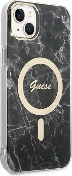 Mbështjellës Guess Marble Collection me MagSafe dhe karikues wireless për iPhone 14 Plus, 6.7", i zi, set