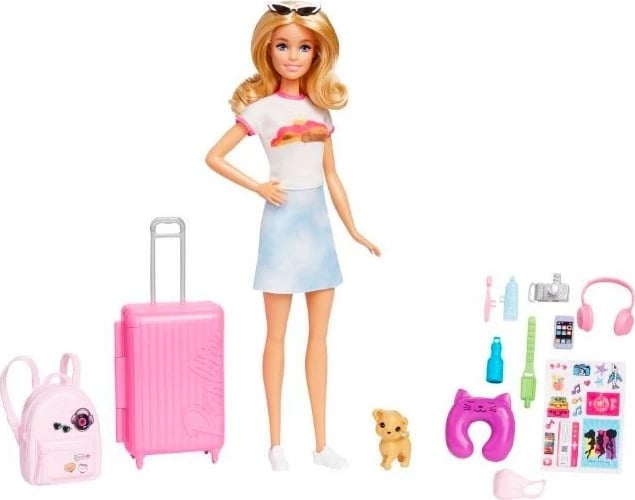 Kukull Barbie Malibu Roberts me aksesorë udhëtimi, Mattel HJY18, me qenush dhe valixhe, Rozë