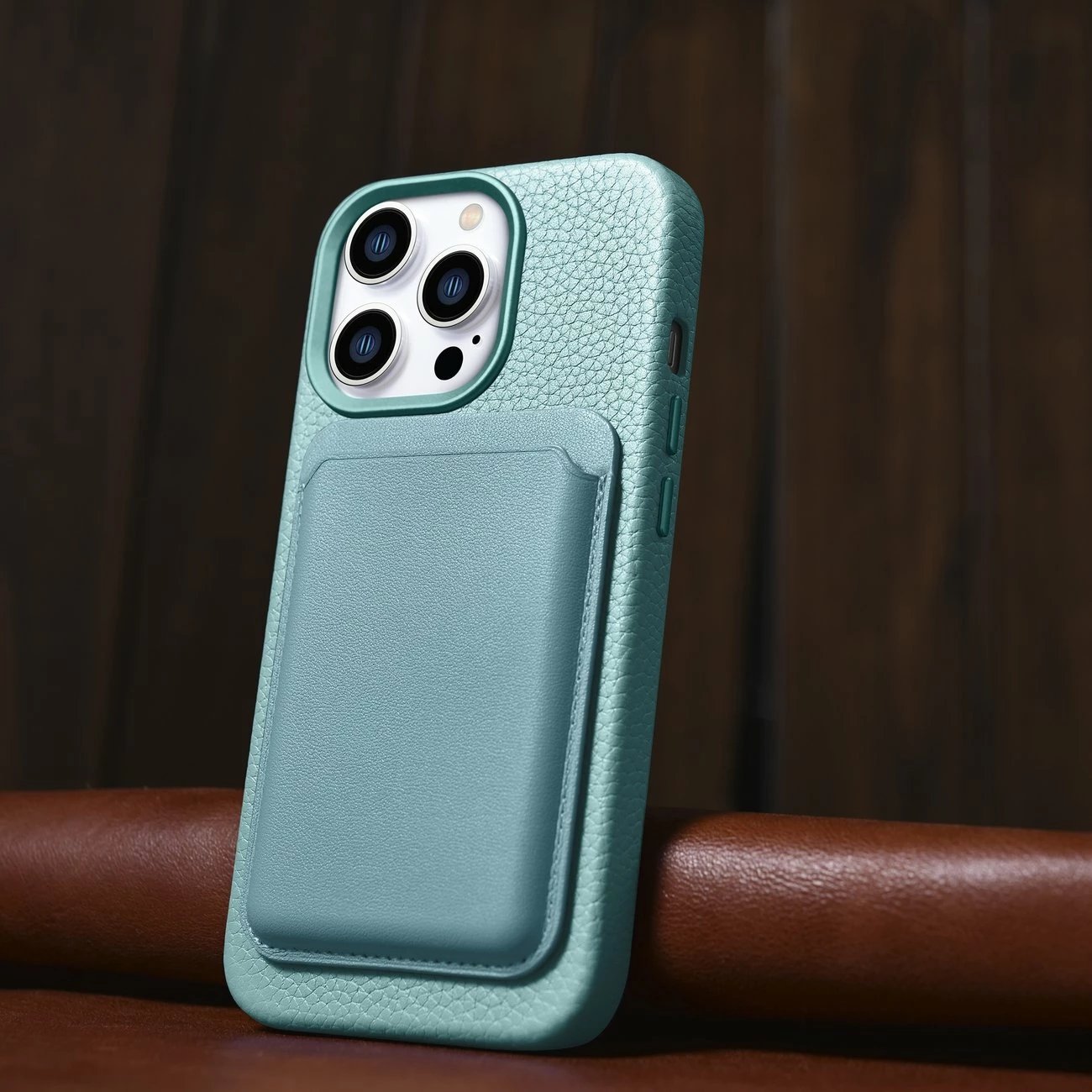 Mbështjellës iCarer Litchi Premium për iPhone 14 Pro, lëkurë natyrale, MagSafe, Jeshil