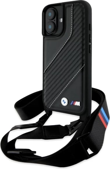 Mbështjellës BMW M Edition Carbon Stripe & Strap për iPhone 16 Plus, i zi