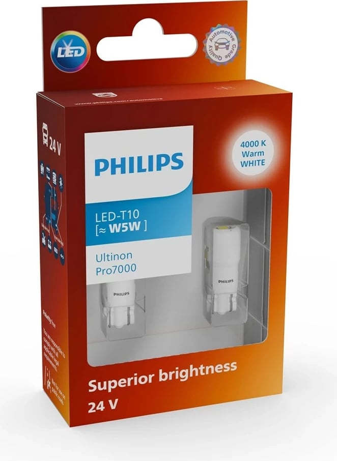 Llambë sinjalizuese për kamion Philips Ultinon Pro7000, LED-T10, 24V, 2 copë, Bardhë e ngrohtë