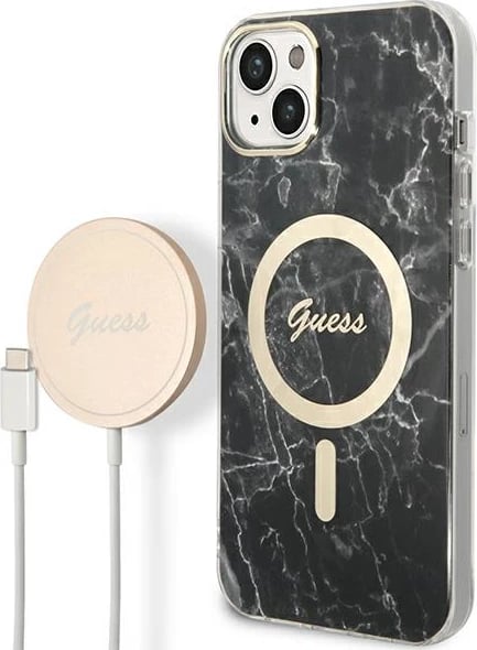 Mbështjellës Guess Marble Collection me MagSafe dhe karikues wireless për iPhone 14 Plus, 6.7", i zi, set
