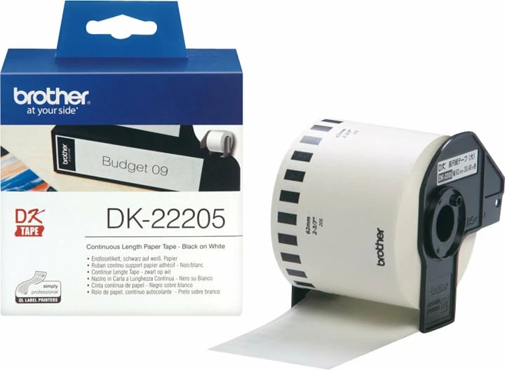 Letër etiketa Brother DK-22205, 62mm, e zezë mbi të bardhë, 30.48m