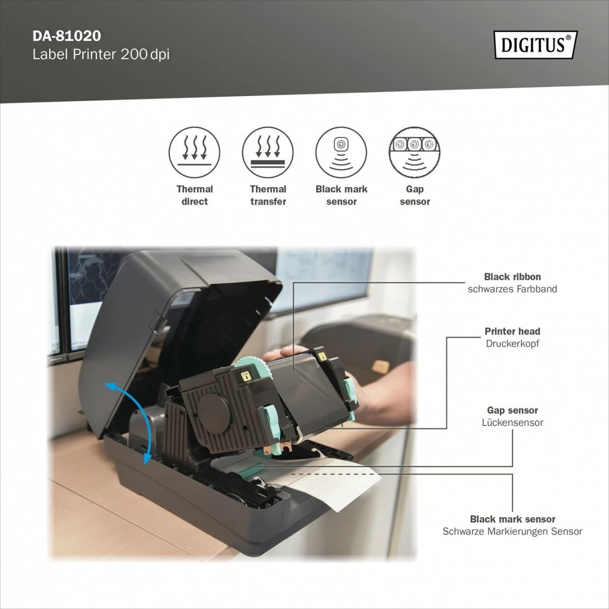 Printer etiketa Digitus DA-81020, termik/termik-transfer, 200 DPI, USB, RS-232, Ethernet, i zi