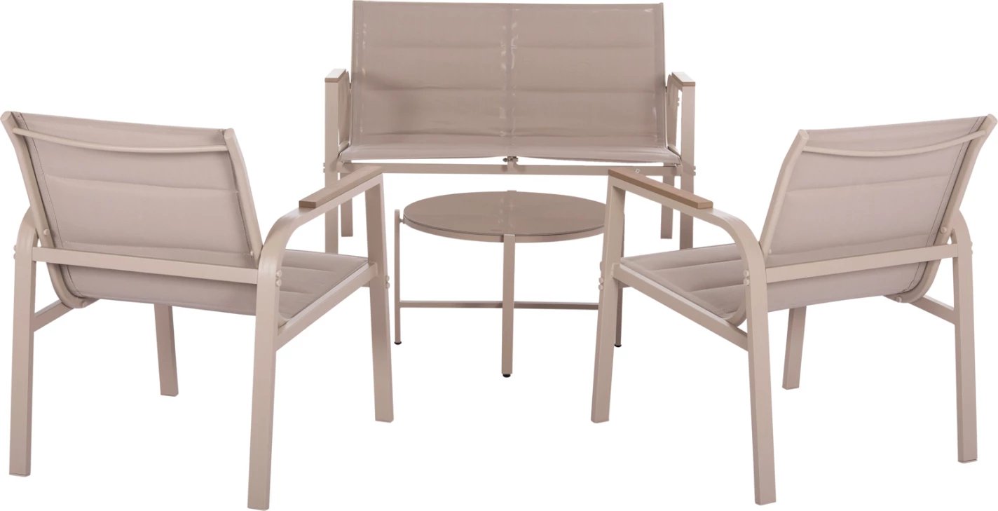 Set lounge për jashtë, 4 pjesë, Juliette, alumin, tekstilene, xham i temperuar, kapuçino, FH6280.04