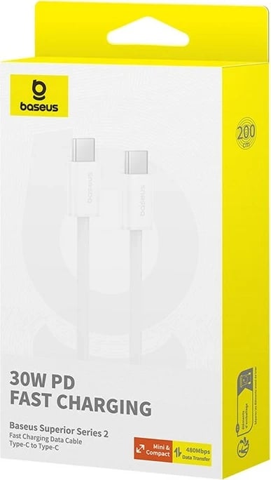 Kabllo USB C në USB C Baseus Superior, 2 m, 30 W, Bardhë