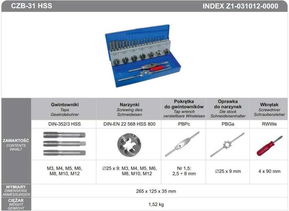 Set FANAR TAPS+DIES 31cz M3-M12, CZB-31 INOX
