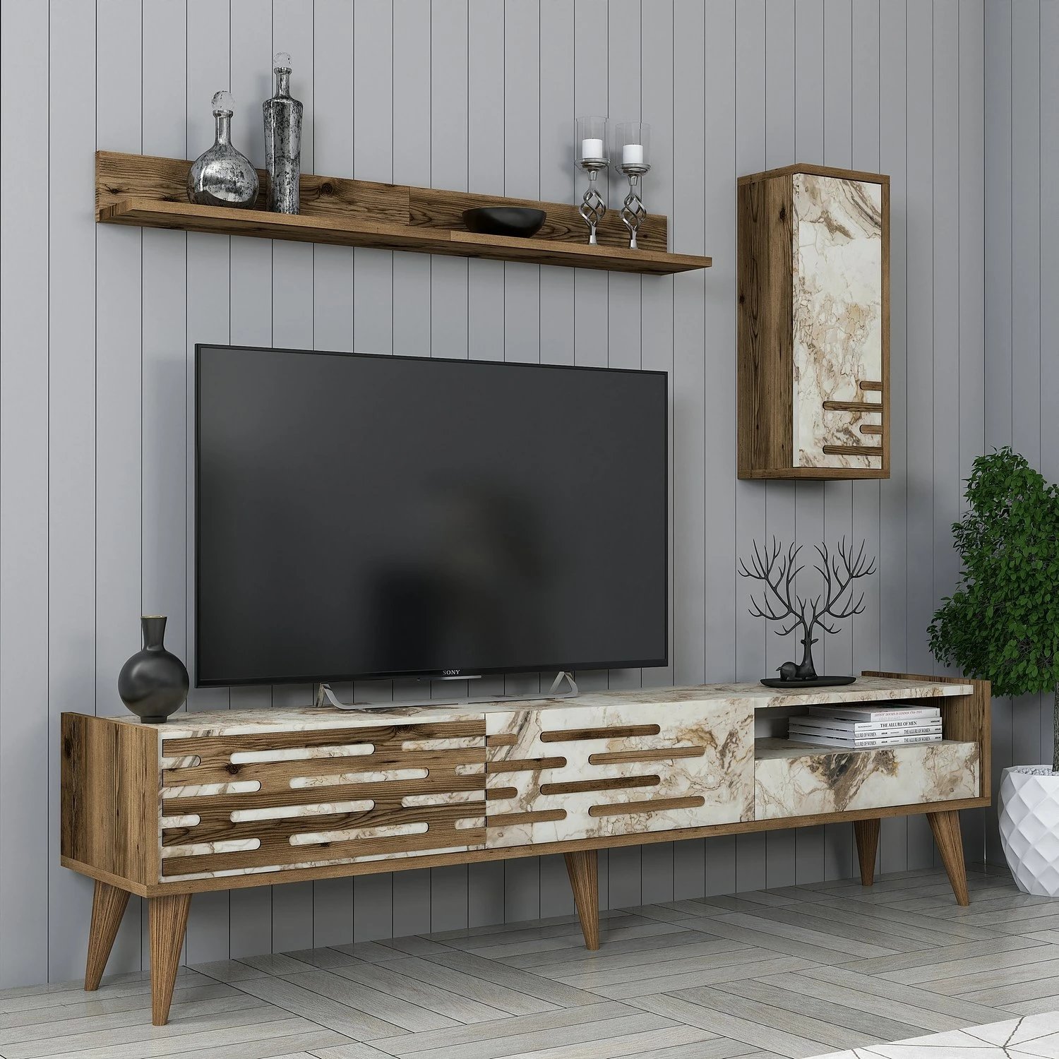 Njësi TV, ngjyrë arre, e bardhë, mermer, Valensiya, Skye Decor