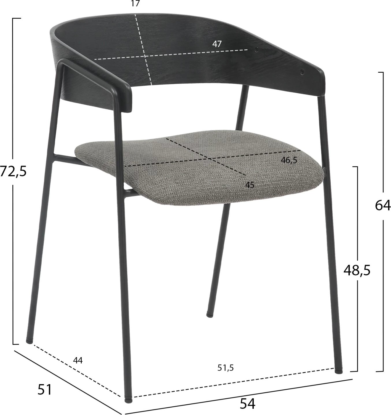 Karrige për tavolinë ngrënieje KORIN FH9975.02 metal & dru, pëlhurë e zezë-gri, 54x51x72,5H cm, set prej 2 copë