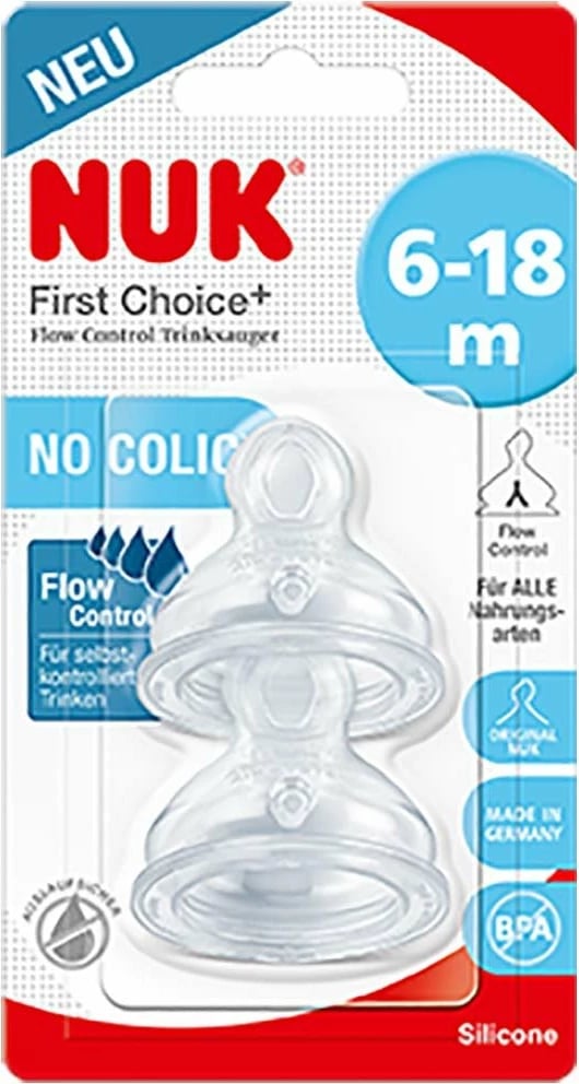Thithkë biberoni NUK Flow Control First Choice+ 6–18 muaj, transparente, set 2 copë