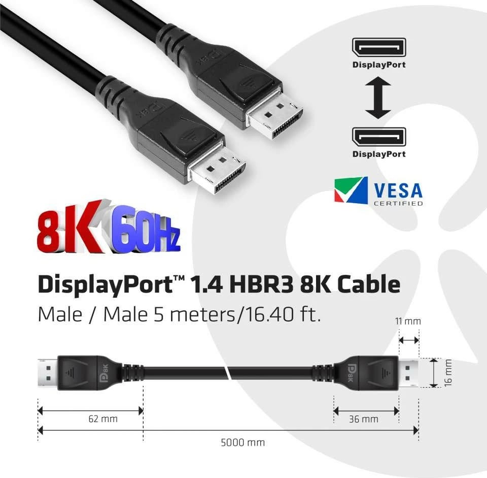 Kabllo DisplayPort Club3D 1.4, 5m, 32.4Gb/s, e zezë