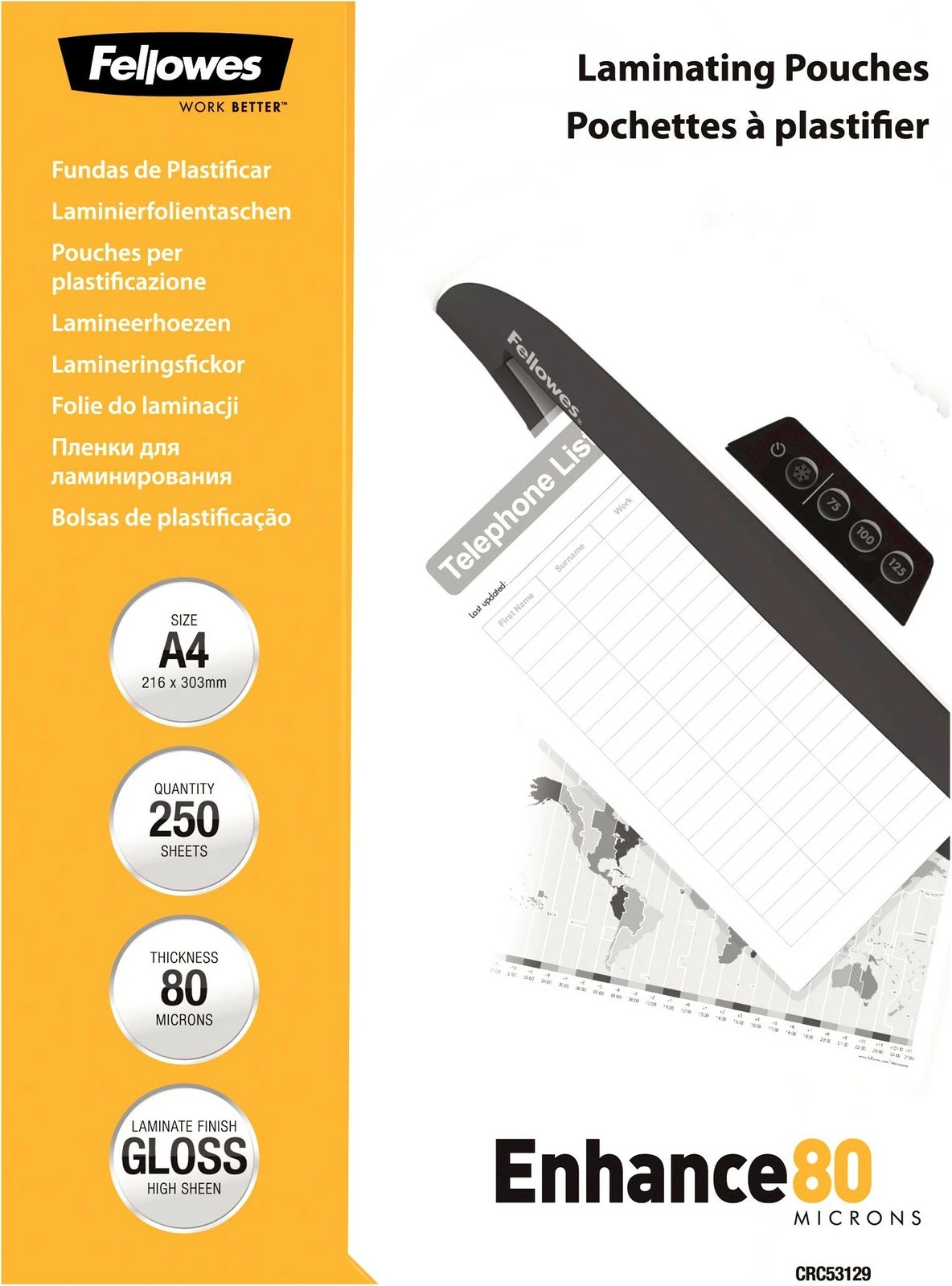 Xhepa laminimi Fellowes A4, 80 mikron, glossy, 250 copë, të bardhë