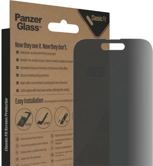Mbështjellës xhami PanzerGlass Classic Fit Privacy për iPhone 14 Pro, antibakterial