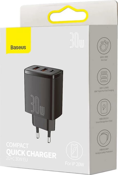 Karikues rrjeti Baseus Compact Quick Charger, 2xUSB, USB-C, 30W, i zi