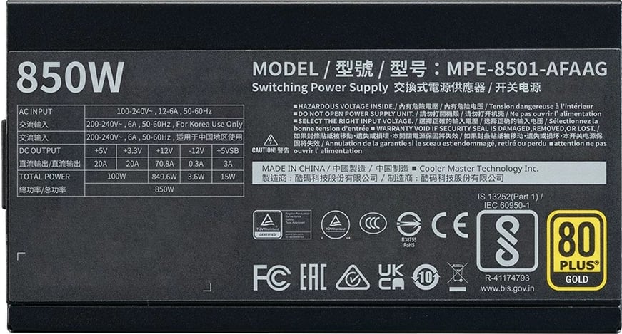 Njësi furnizimi Cooler Master MWE Gold 850 V2, 850 W, ATX 3.1, E zezë