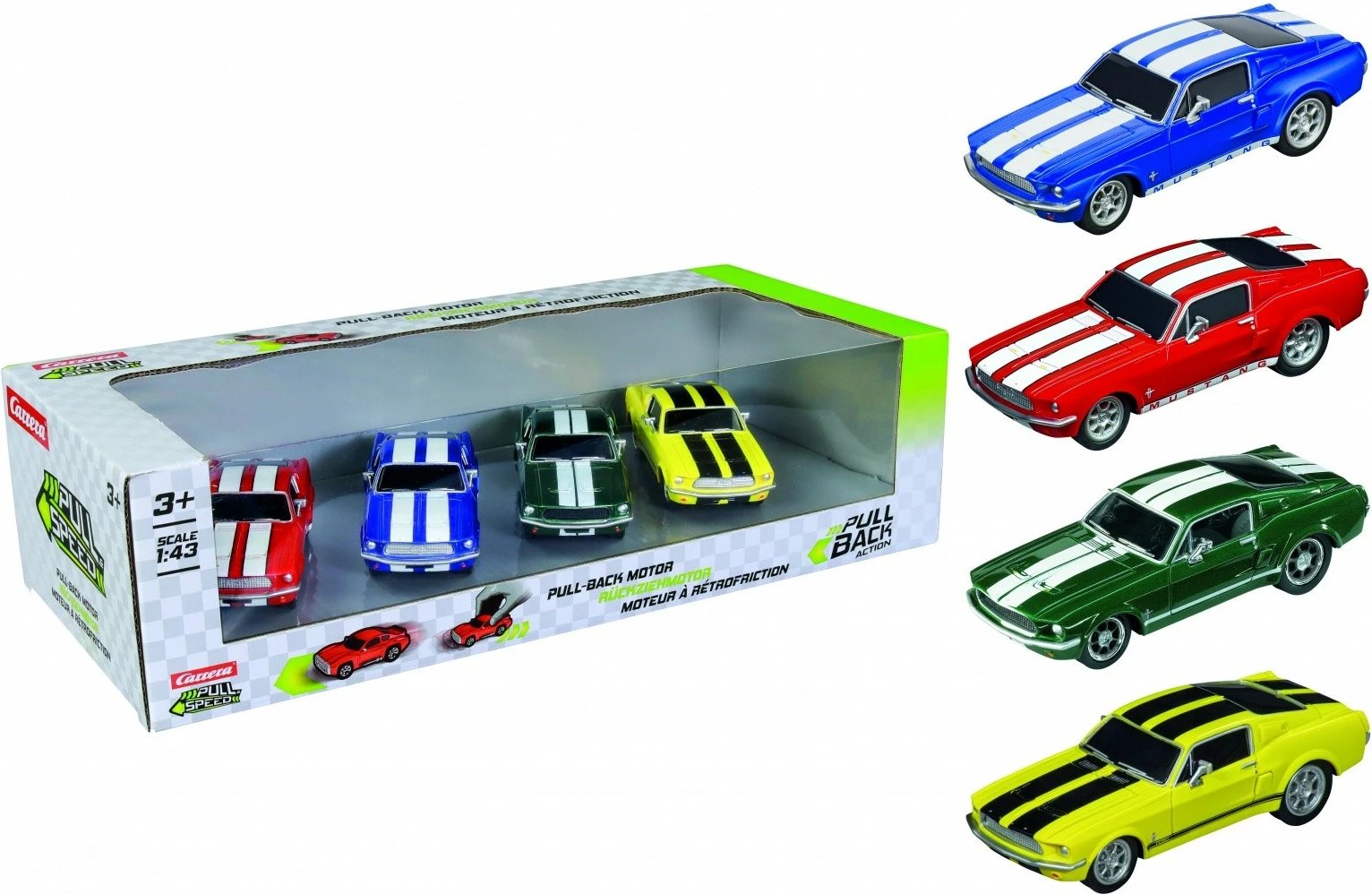 Set vetura lodër Carrera Ford Mustang '67, 1:43, 4 copë, shumëngjyrëshe