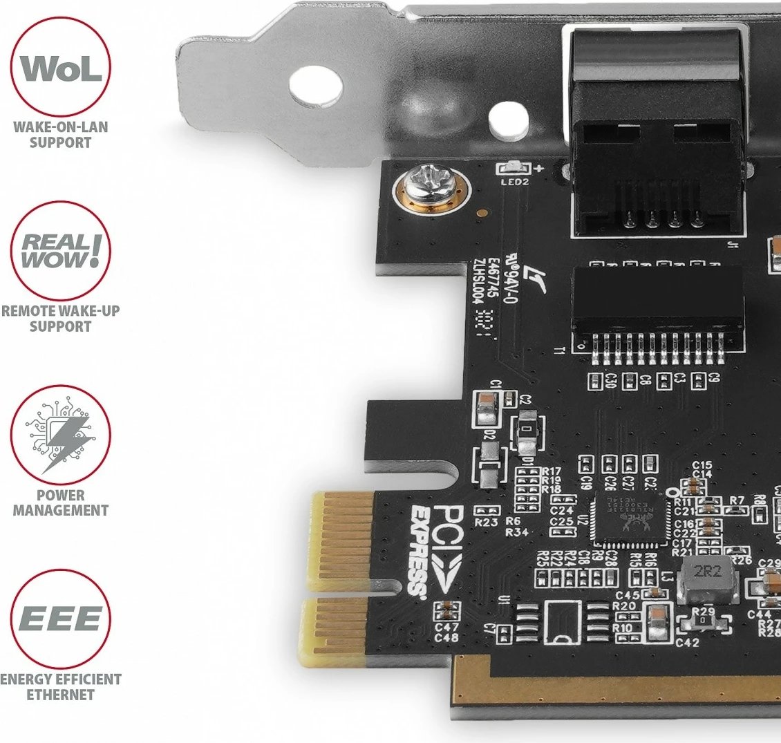 Kartelë rrjeti AXAGON PCEE-GRF, PCIe, 1x Gigabit Ethernet, Realtek RTL8111E/F, me mbajtëse standarde dhe low-profile