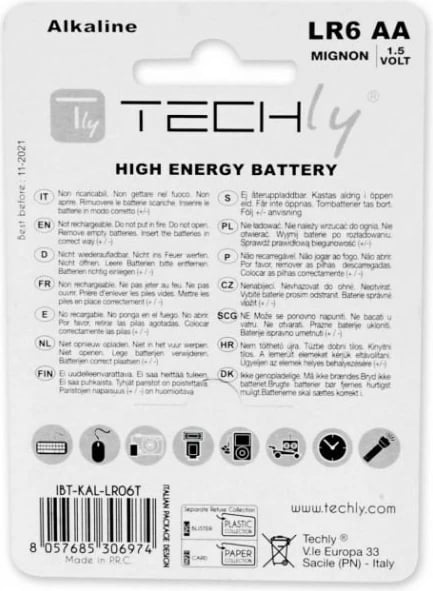 Bateri alkaline Techly LR06 AA, 1.5V, 4 copë