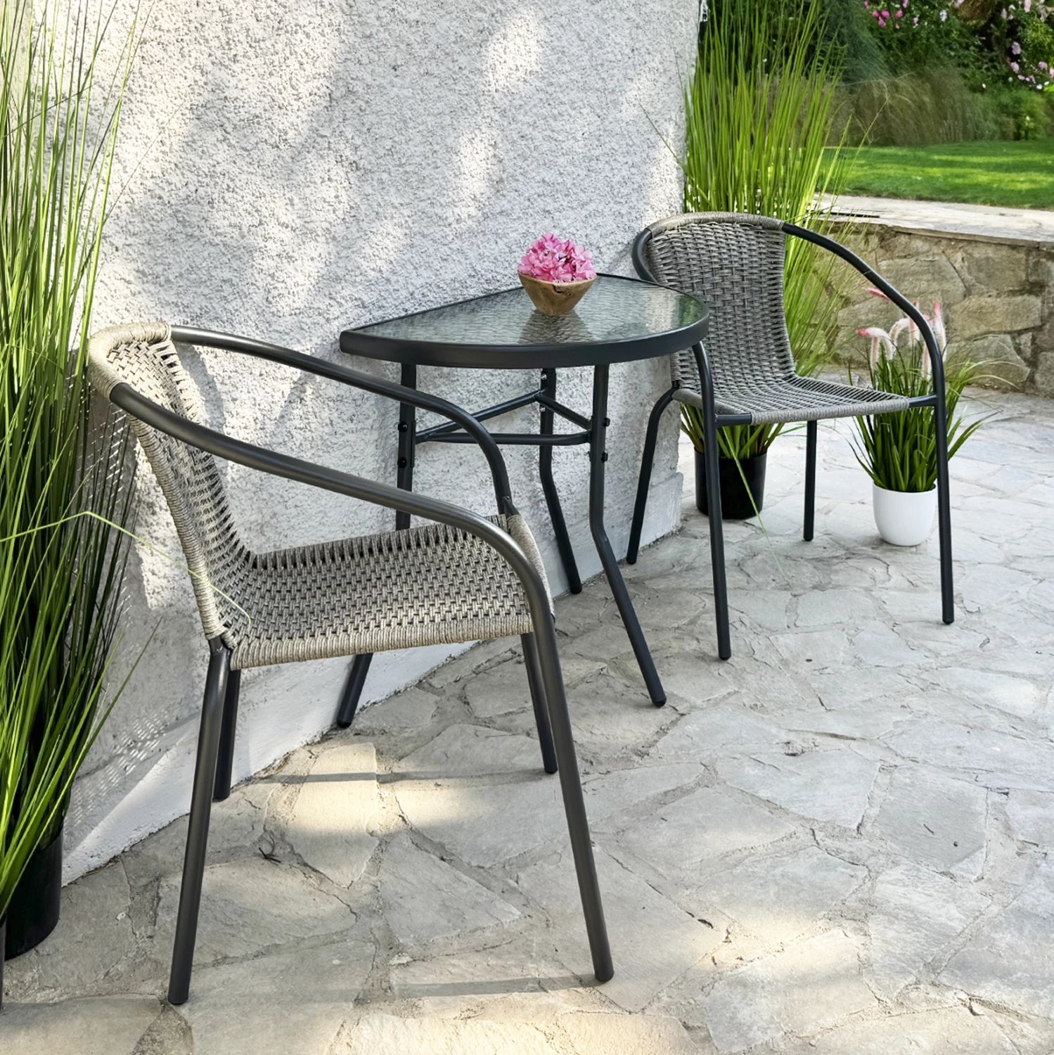 Tavolinë gjysmë rrethore LIMA FH5967.01 metalike, ngjyrë gri, me sipërfaqe xhami 70x40x64.5H cm