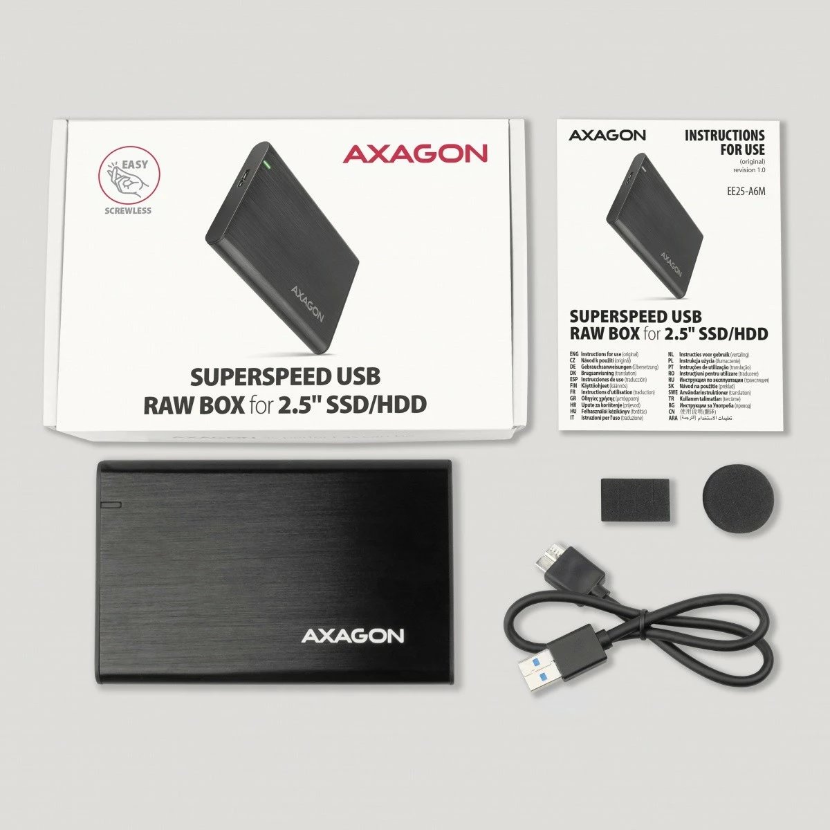 Kasë e jashtme AXAGON EE25-A6M për HDD/SSD 2.5", USB 3.2 Gen 1, alumini, karbon