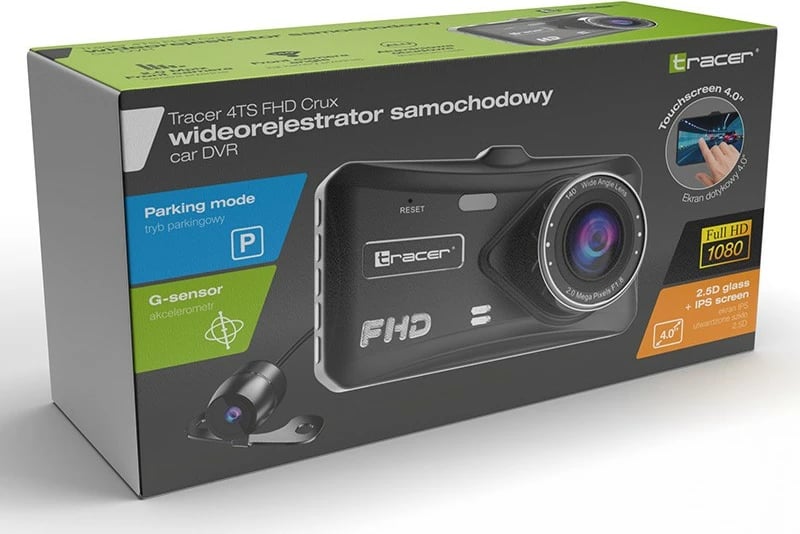 Kamerë veture Tracer 4TS FHD CRUX, 2Mpix, 4" IPS, e zezë, set me kamerë të pasme