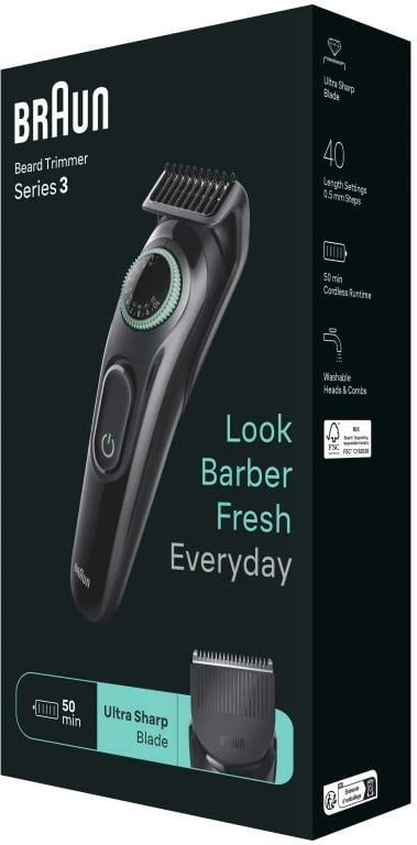 Makinë rroje Braun BT3421 trimmer mjekre me rrotë rregullimi, tehe çeliku, pa kabllo, e zezë