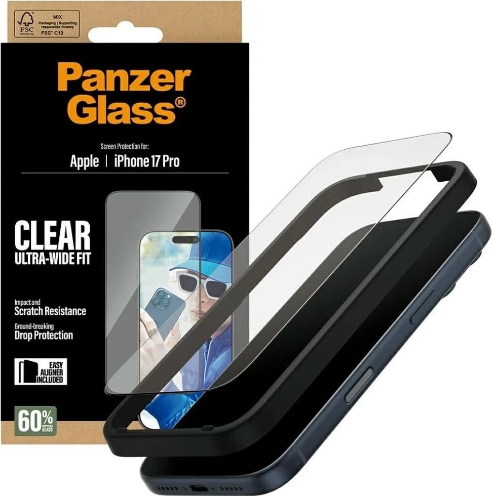 Mbështjellës xhami PanzerGlass Ultra-Wide Fit për iPhone 17 Pro/Pro Max transparent