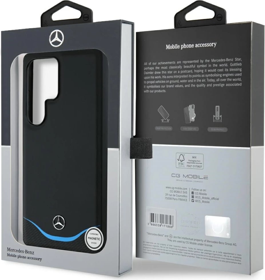 Mbështjellës Mercedes Leather Contrasted Blue Horizontal Curve MagSafe për Samsung Galaxy S25 Ultra, i zi