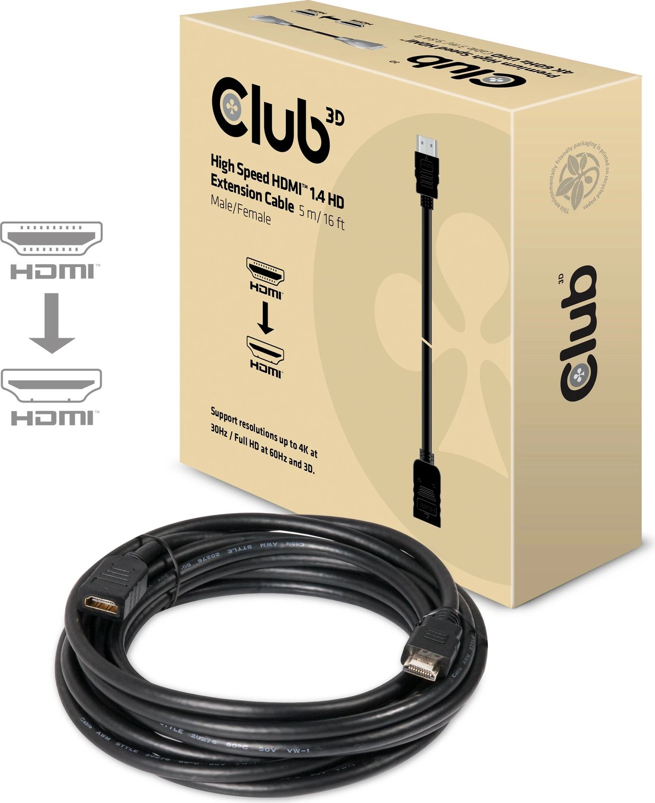 Kabllo HDMI zgjatues Club3D 5m, gold plated, e zezë