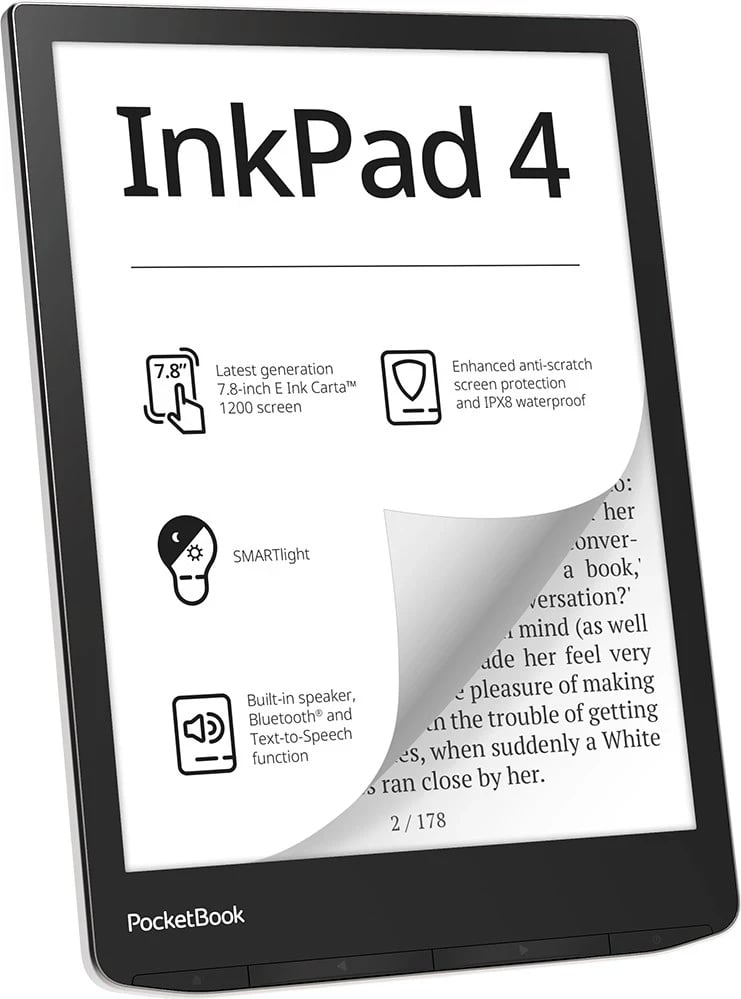 Lexuesi i librit elektronik PocketBook InkPad 4, Prekës, 32 GB Wi-Fi, i Zi dhe Argjendtë Lexuesi i librit elektronik PocketBook InkPad 4, Prekës, 32 GB Wi-Fi, i Zi dhe Argjendtë