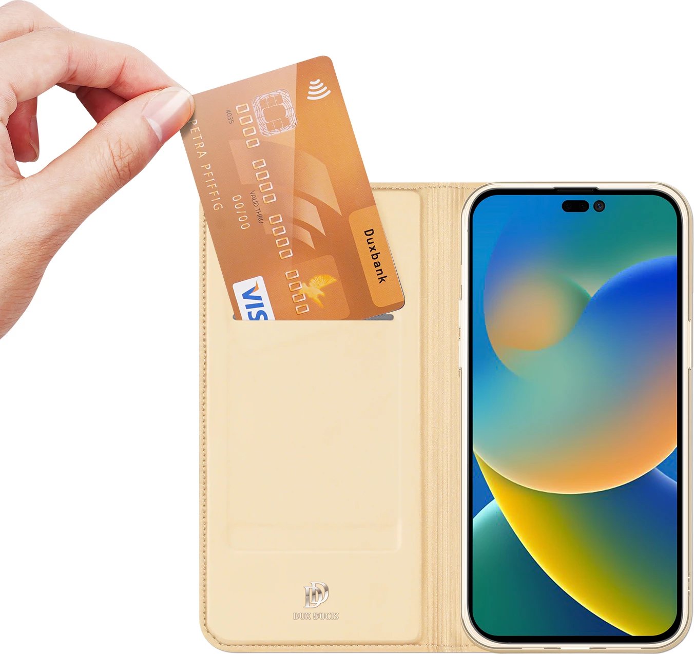 Mbështjellës Dux Ducis Skin Pro për iPhone 14 Pro Max, me kapak, xhep për kartela, ari