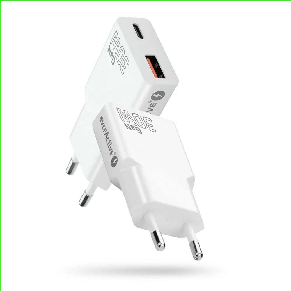 Karikues muri, everActive SC-380Q, GaN super slim 30W, 1x USB + 1x USB-C, QC 3.0/PD, e bardhë
