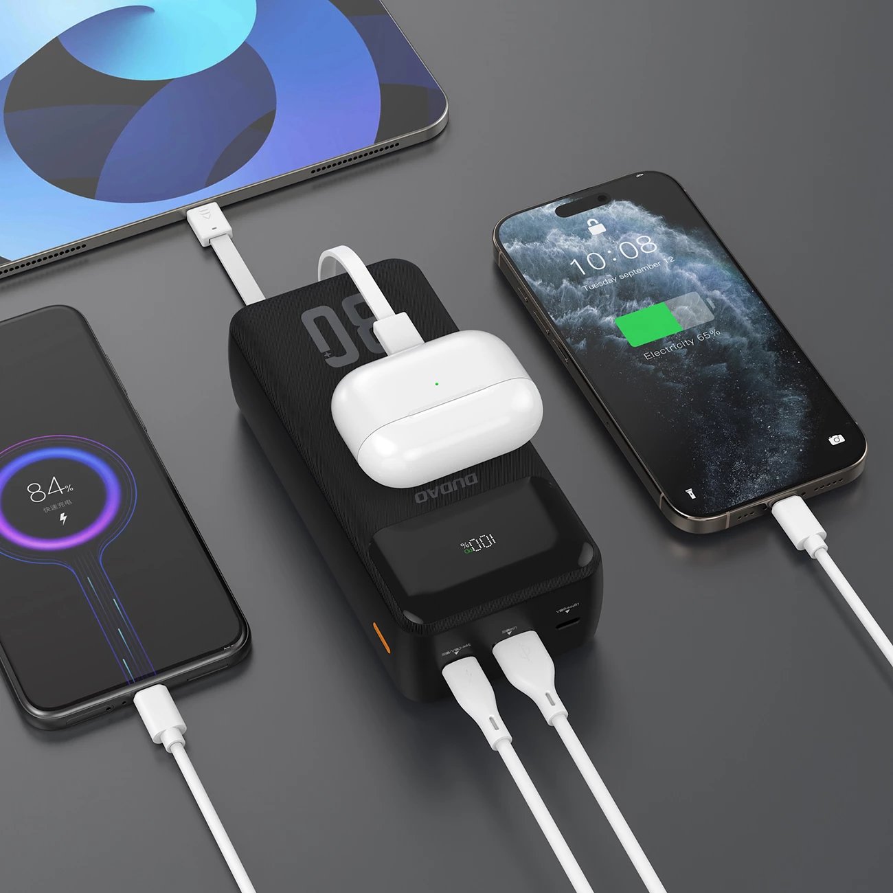 Powerbank Dudao K15MAX, 30000mAh, 22.5W, me kabllo të integruara, e zezë