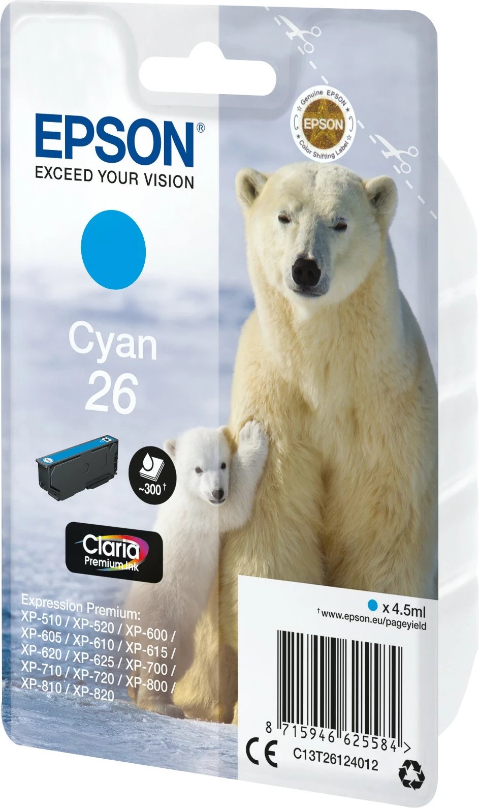Bojë Epson Polar bear Singlepack Cyan 26 Claria Premium, Standard Yield, 4.5 ml