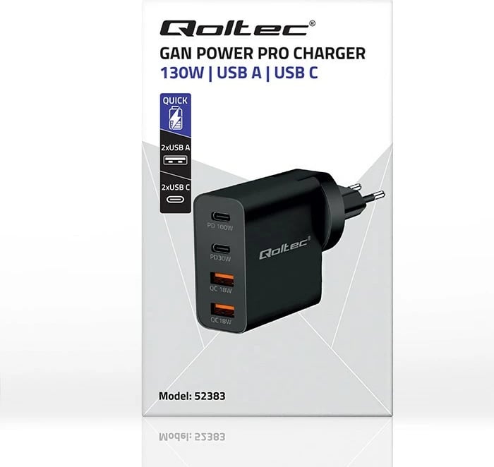 Karikues muri Qoltec GaN Power Pro 52383, 130W, 2x USB-C, 2x USB, i zi