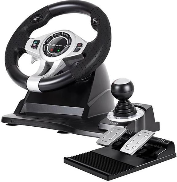 Timon gaming Tracer Roadster 4 in 1, me pedale dhe levë marshe, për PC/PS3/PS4/Xbox One, Zi/Argjendtë