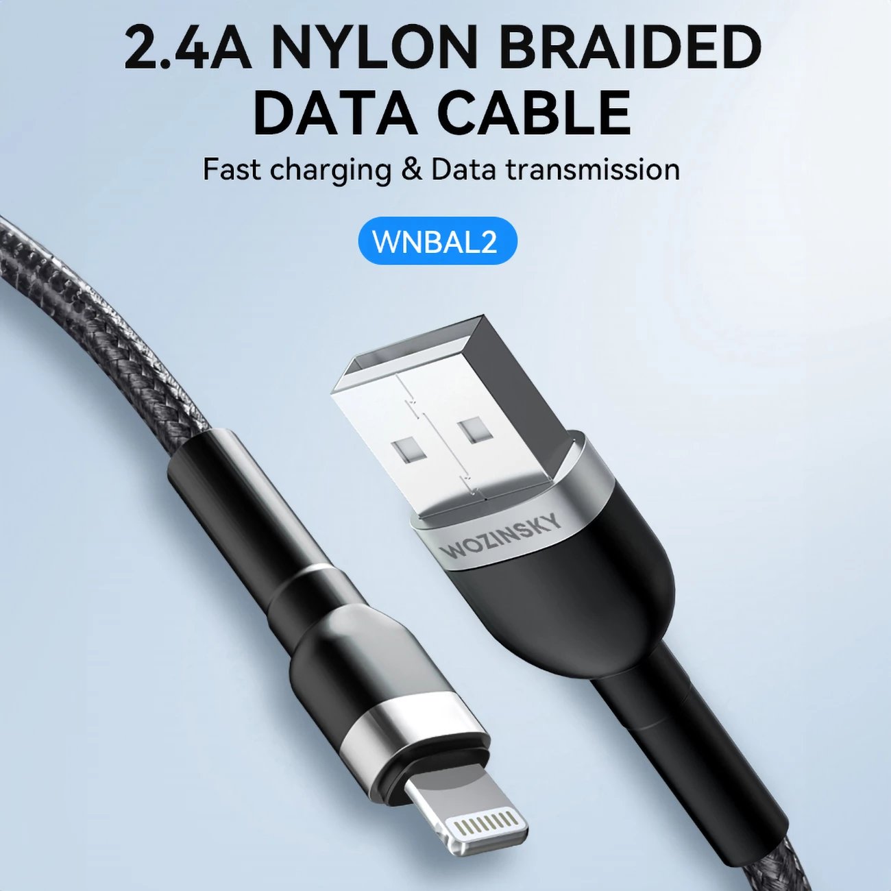 Kabllo karikimi Wozinsky WNBAL2, USB-A në Lightning, 2 m, Najlon, E zezë