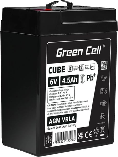 Bateri AGM VRLA, Green Cell, AGM6V4-5AH-J, 6V 4.5Ah IP54, e zezë