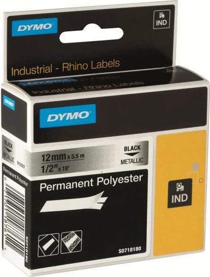 Shirit etiketimi, Dymo, RhinoPRO Permanent Polyester 622290, 12 mm x 5.5 m, ngjitje e përhershme, Black Metallic