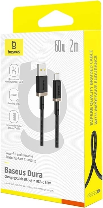 Kabllo Baseus Dura USB Type A në Type C, 60 W, 2 m, E zezë, Ari