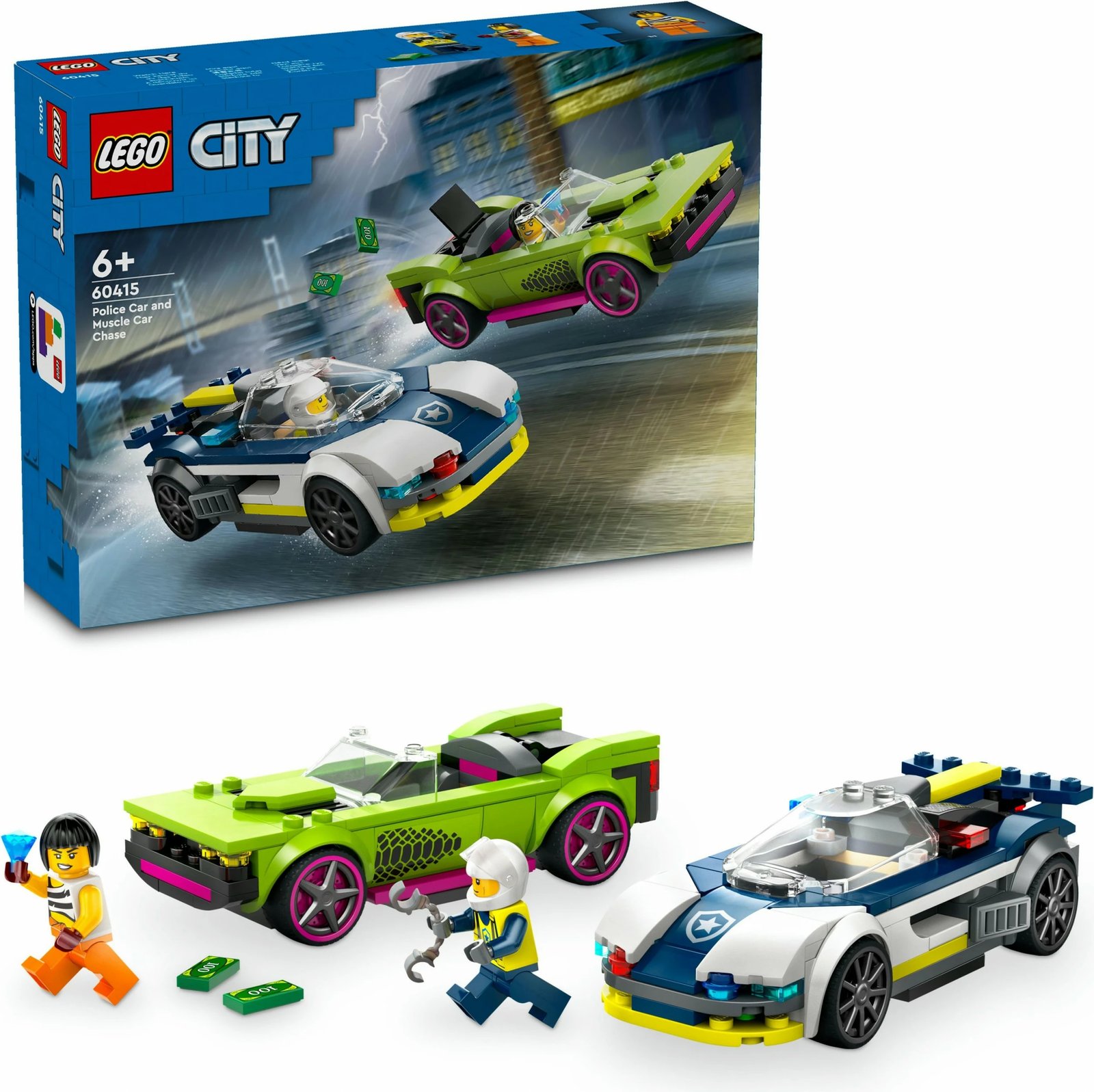 Set ndërtimi LEGO City 60415, veturë policie dhe muscle car, shumëngjyrëshe