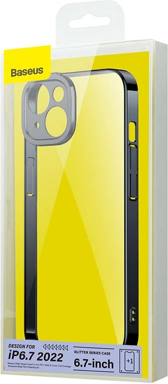 Mbështjellës Baseus Glitter me xham të temperuar për iPhone 14 Plus, i zi, set