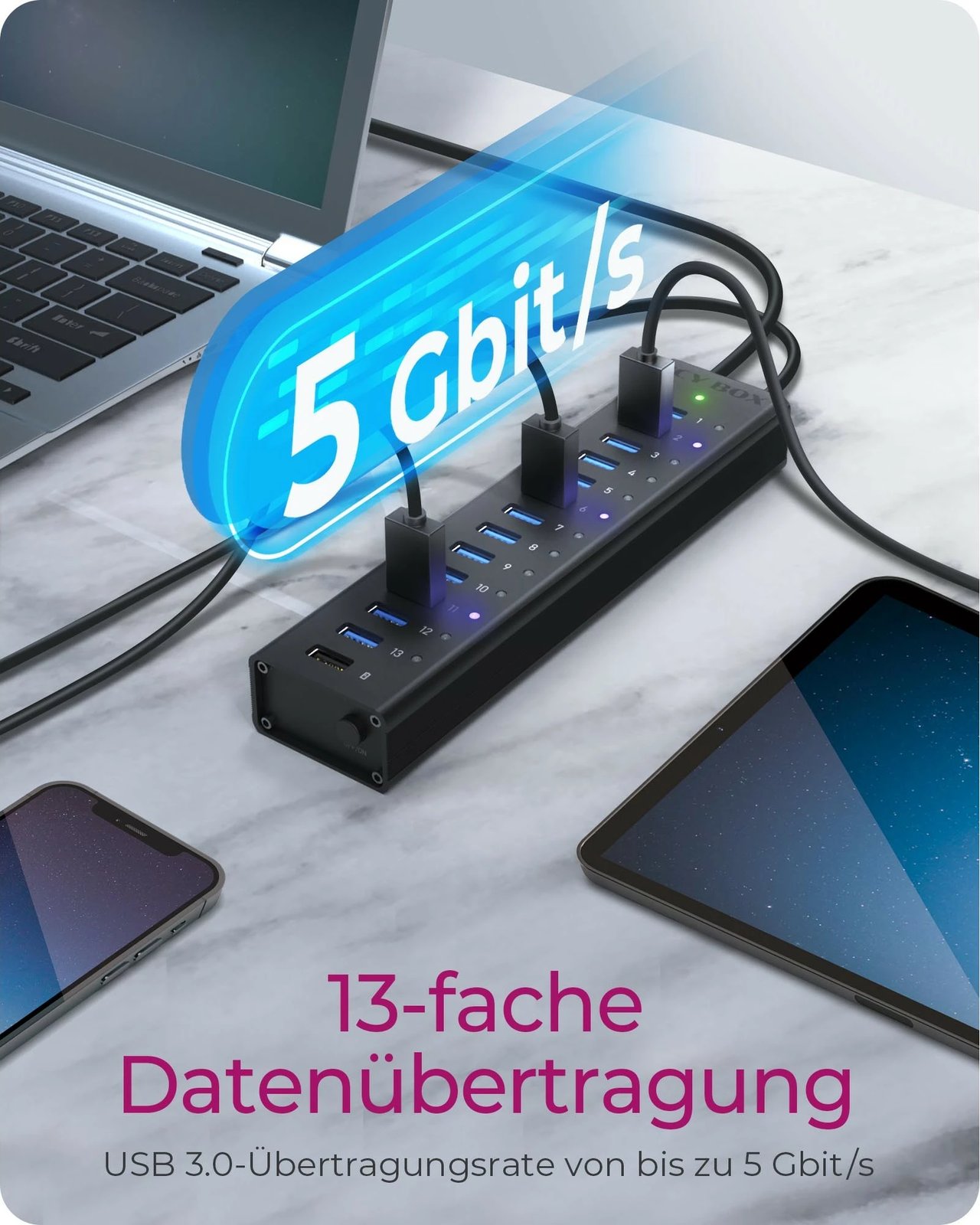 USB hub ICY BOX IB-AC6113, 14 porta, USB 3.2 Gen 1, alumini, e zezë