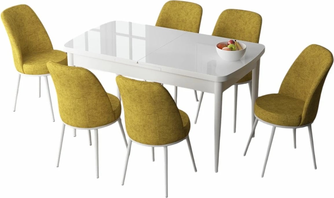 Tavolinë me karrige, zgjatshme, 7 copë, Skye Decor, Zen, e bardhë dhe mustard