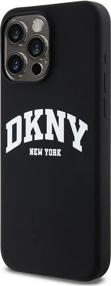 Mbështjellës DKNY Liquid Silicone me logo të bardhë, MagSafe, për iPhone 15 Pro Max, zi