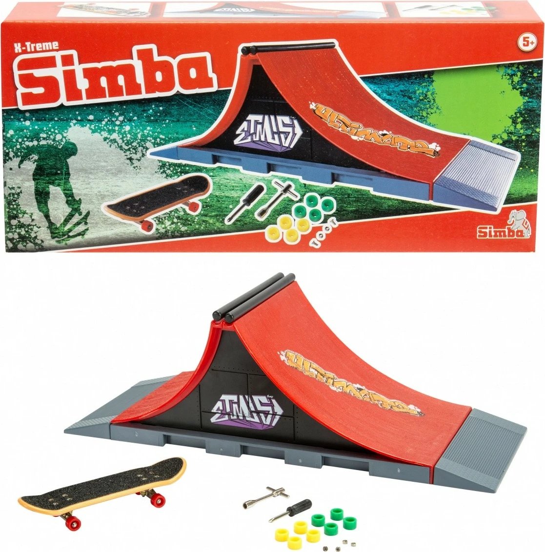 Set mini skateboard me rampë Simba X-Treme, për fëmijë, me aksesorë, shumëngjyrëshe